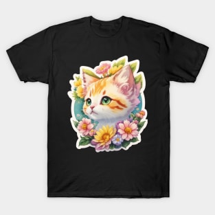 Cute kitten in watercolour with floral design T-Shirt